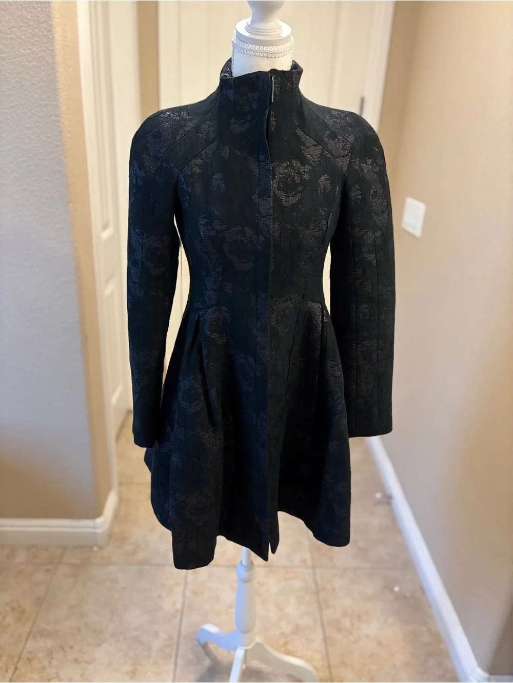 Nanette Lepore Black Floral Jacquard Pea Coat - Picture 4 of 6